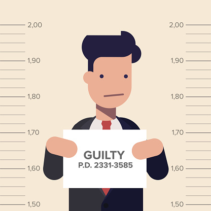Caught guilty businessman or manager with ID signs on his hand. Concept dishonest business. Flat vector illustration in cartoon style