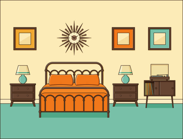 Bedroom retro interior. Hotel room in flat design. Vector illustration. Bedroom interior. Hotel room in retro design with bed. Vector. Home flat space in line art. Linear illustration. Cartoon house equipment. Vintage apartment. Outline background 1960s 1970s. 1970 pictures stock illustrations