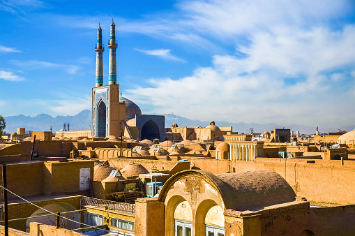 Uzbekistan Khiva Ichan Qa'la Old Town Islam Khoja Complex. The famous old city of Khiva along the Silk Road with iconic Islamic Islam Khoja Minaret. Aerial Drone Point of View.  Itchan Kala, Khiva - Chiva, Xorazm Region, Uzbekistan, Central Asia