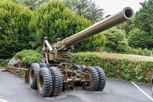 Beautiful view of a WWII 155 mm Gun M1 (aka Long Tom, M59), a artillery field gun used by the United States military