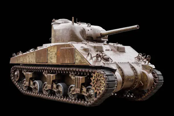 The M4 Sherman, officially Medium Tank, M4, the most used medium tank by the United States and Western Allies in World War II, isolated on a black background