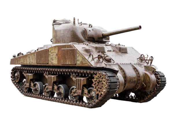 M4 Sherman tank on white The M4 Sherman, officially Medium Tank, M4, the most used medium tank by the United States and Western Allies in World War II, isolated on a white background armored tank stock pictures, royalty-free photos & images