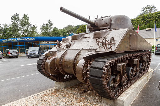 The M4 Sherman medium tank, M4 World War II, in front of the museum Musee Memorial d'Omaha Beach, in Normandy, France, on August 2, 2014