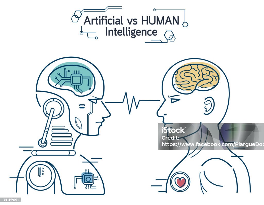 Robot vs human. AI artificial intelligence and human intelligence Concept business disruptive illustration. Vector line design to banner. Machine Learning stock vector