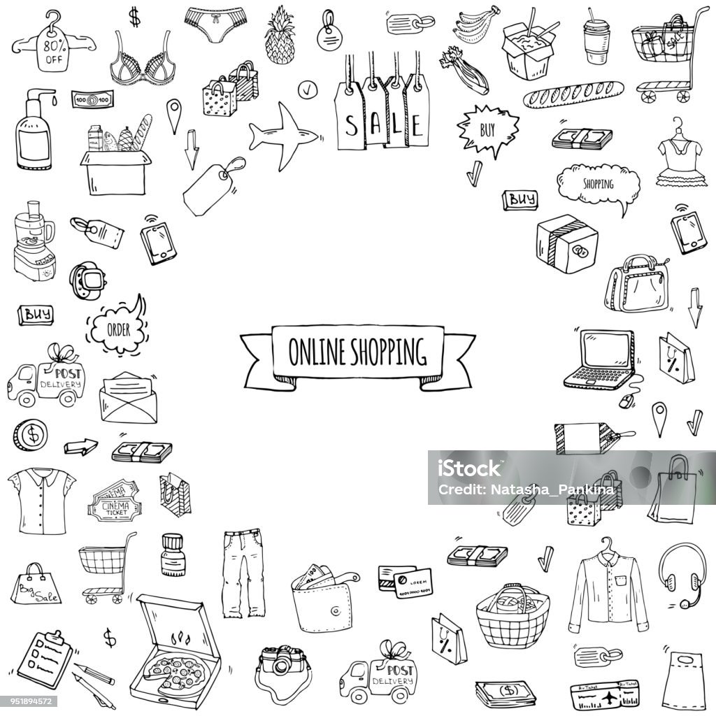 Online shopping icons Hand drawn doodle set of Online shopping icons. Vector illustration set. Cartoon buying symbols. Sketchy elements collection: laptop, sale, food, grocery, clothing, cart, wallet, credit card, tag, bag Retail stock vector