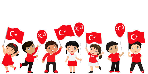 Funny kids of different races with various hairstyles with flags. graphic design to the Turkish holiday. Turkish children with flags and balloons. graphic design to the Turkish holiday. number 23 stock illustrations