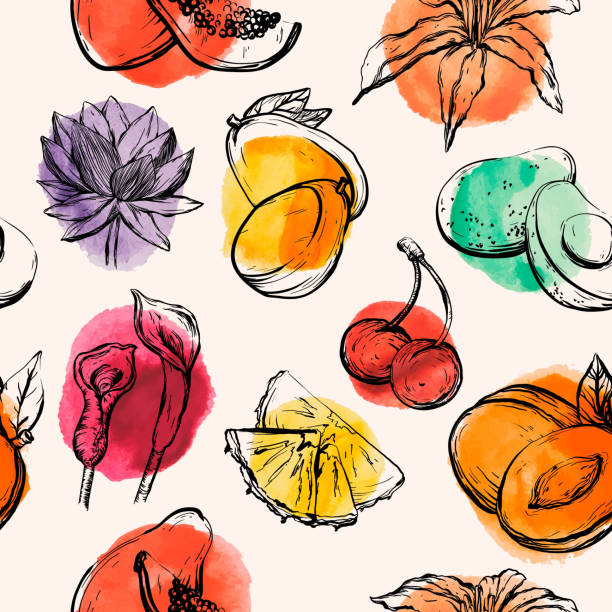 Seamless pattern with Tropical flowersand fruits Seamless pattern with Tropical flowersand fruits, vector illustration mango fruit drawing stock illustrations