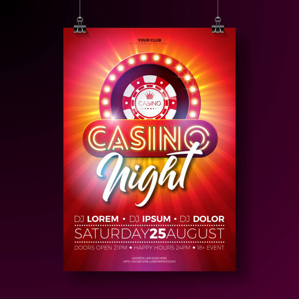 illustrazioni stock, clip art, cartoni animati e icone di tendenza di illustrazione night flyer vector casino con elementi di design del gioco d'azzardo e scritte luminose al neon lucide su sfondo rosso. modello poster di invito di lusso. - casinò