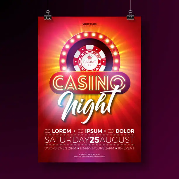 Vector illustration of Vector Casino night flyer illustration with gambling design elements and shiny neon light lettering on red background. Luxury invitation poster template.