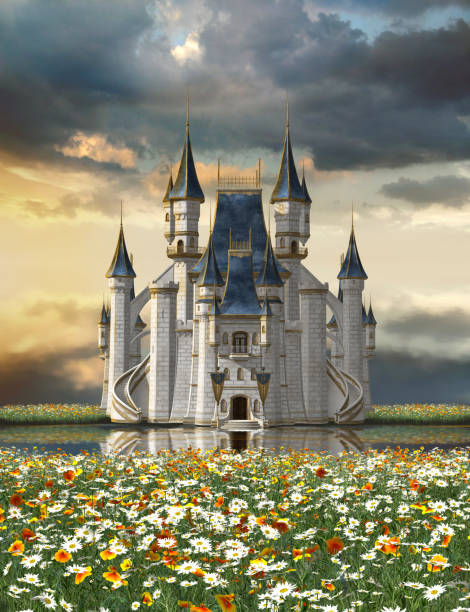 Fairy tale castle on a lake in a sea of flowers 3d render of an enchanting fairy tale castle on a lake surrounded by a sea of blossoming flowers castle stock pictures, royalty-free photos & images