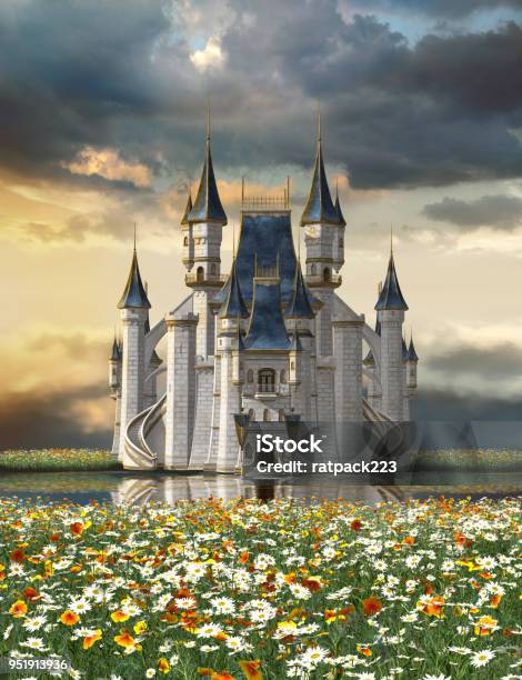 Fairy Tale Castle On A Lake In A Sea Of Flowers Stock Photo - Download Image Now - Castle, Fairy Tale, Princess