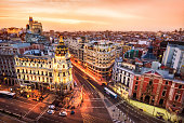 Aerial view and skyline of Madrid at dusk. Spain. Europe