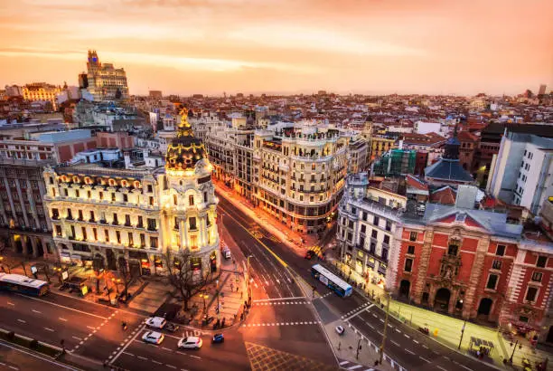 Photo of Aerial view and skyline of Madrid at dusk. Spain. Europe