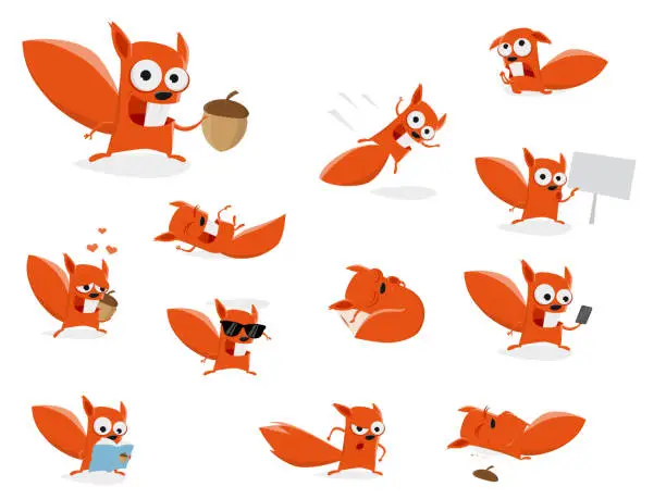 Vector illustration of funny cartoon squirrel clipart collection