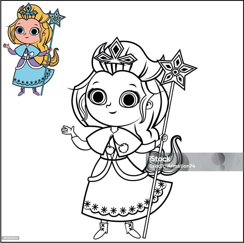 Cartoon Snow Princess Character For Coloring Page Activity. Cartoon Snow Princess Character For Coloring Page Activity. (Vector illustration) Coloring stock vector