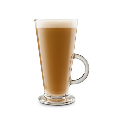Glass of latte on white background