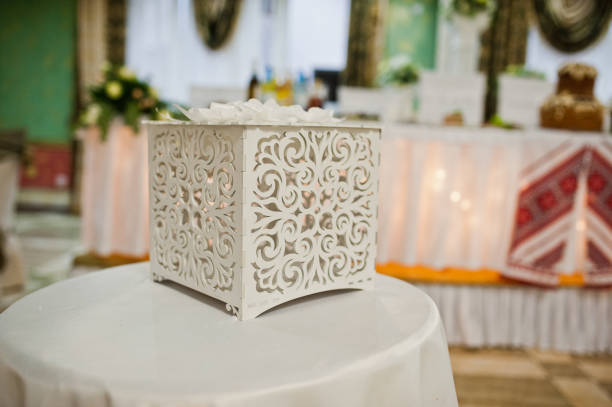 istock White wooden wedding box for gifts. 951924440