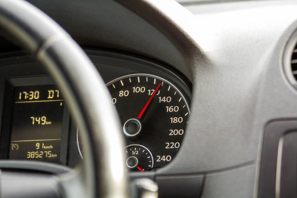 istock Close up interior view of modern luxurious black car. Dashboard, steering wheel, speedometer. Speed, comfort and luxury. 951928684