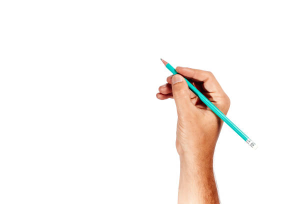 istock A male hand holds a pencil on a white background, isolate. 951931276