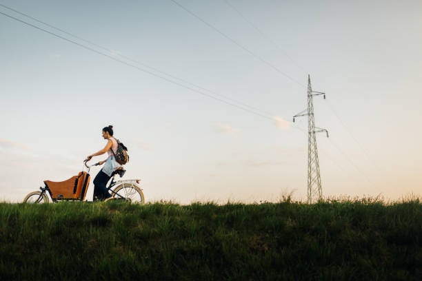 Cargo bike ride Young woman riding a cargo bike in nature cargo bike photos stock pictures, royalty-free photos & images
