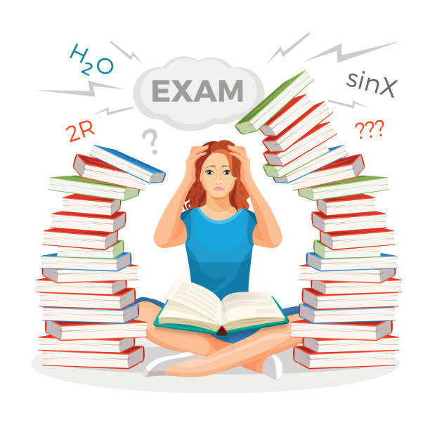 Girl Student Surrounded With Books And Prepares For Exam Stock Illustration  - Download Image Now - iStock