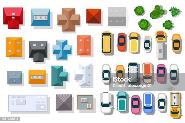 Top View Of The City Stock Illustration - Download Image Now - High Angle View, Aerial View, Car