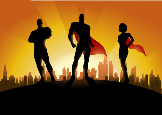 Vector Trio Superhero Team Silhouette with City skyline in the Background A silhouette style illustration of a team of superheroes on top of a hill with sunset and city skyline in the background. portrait silhouettes stock illustrations
