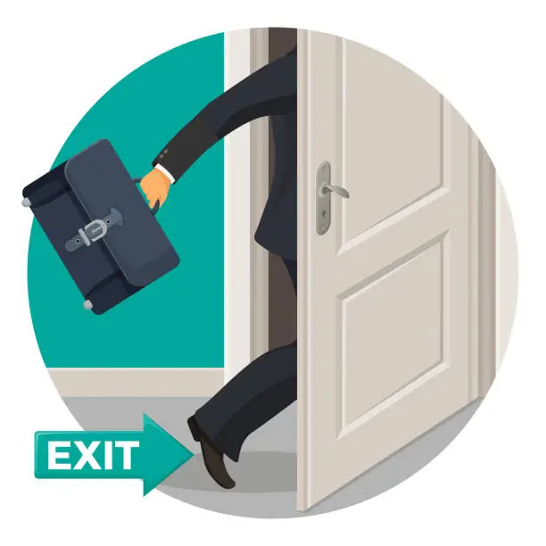 Vector illustration of Exit door and bisunessman with leather briefcase that leaves