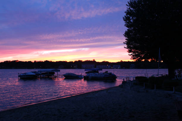 Multi-color sunset reflected on lake.