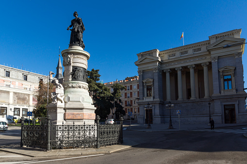 Madrid, Spain - January 22, 2018: Maria Cristina de Borbon Statue in front of Museum of the Prado in City of Madrid, Spain