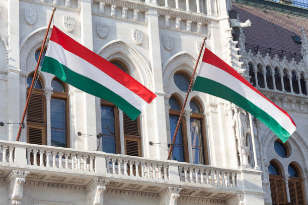 istock hungarian national flags on the hungarian parliament building 951945236