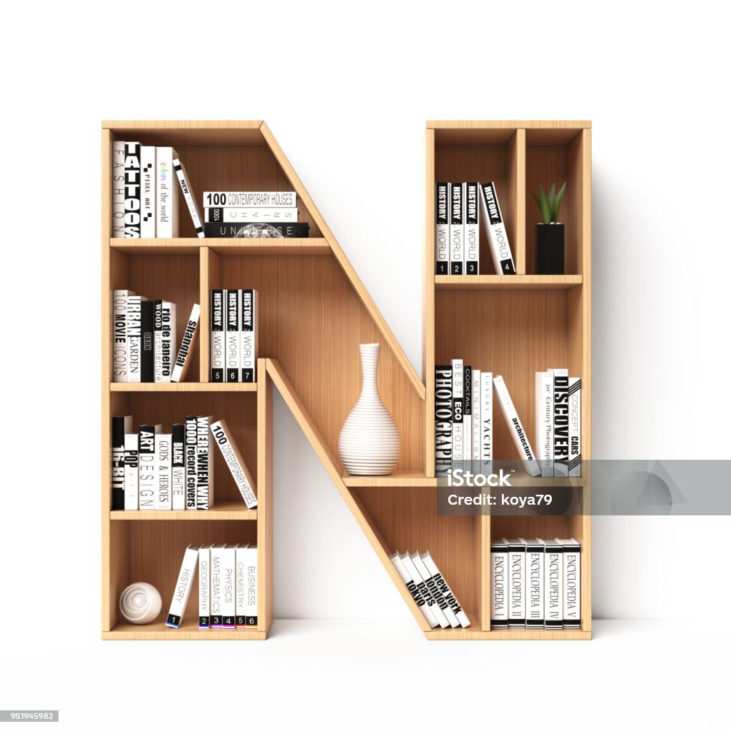 Bookshelves 3d font. Alphabet in the form of book shelves. Mockup font. Letter N Bookshelves 3d font. Alphabet in the form of book shelves. Mockup font. Letter N 3d rendering Arranging Stock Photo
