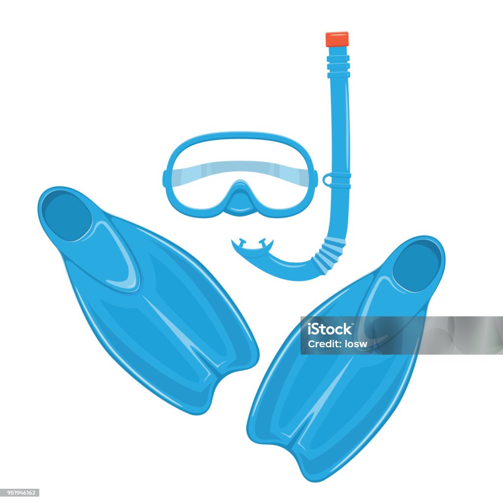 Flippers with diving snorkel and mask Blue flippers with diving snorkel and mask isolated on white background, illustration. Cartoon stock vector