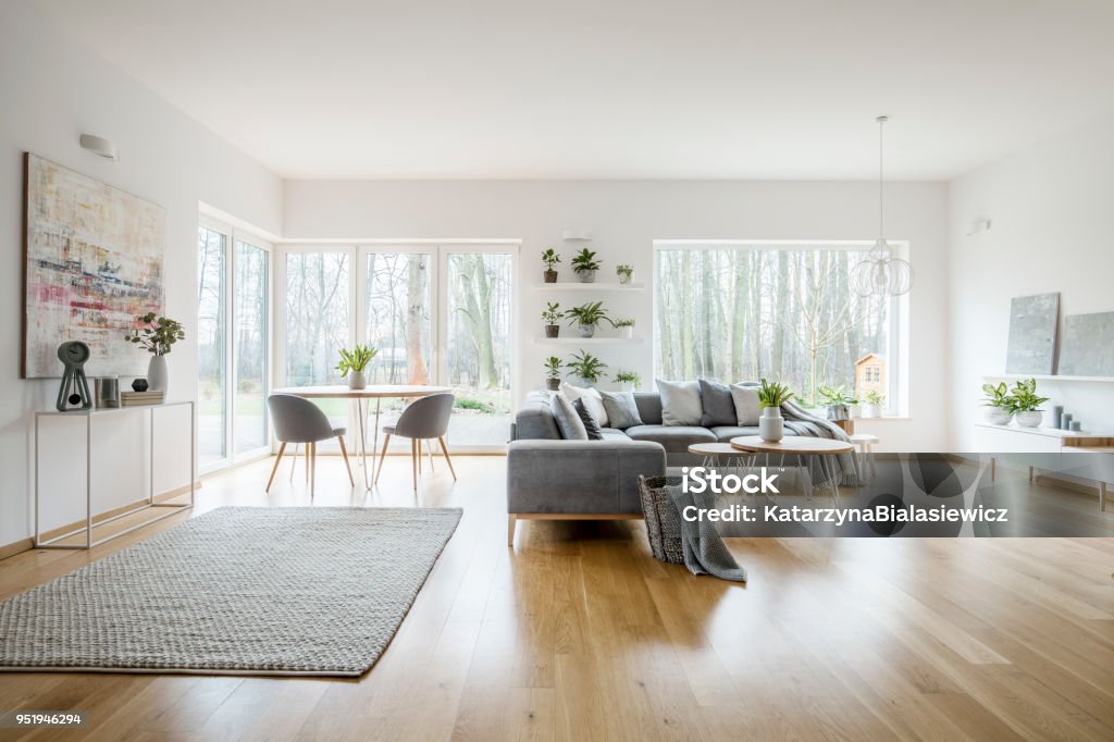 Blanco elegante salón interior con ventanas, sofá de la esquina gris y posters de arte moderno - Foto de stock de Cuarto de estar libre de derechos Blanco elegante salón interior con ventanas, sofá de la esquina gris y posters de arte moderno - Foto de stock de Cuarto de estar libre de derechos
