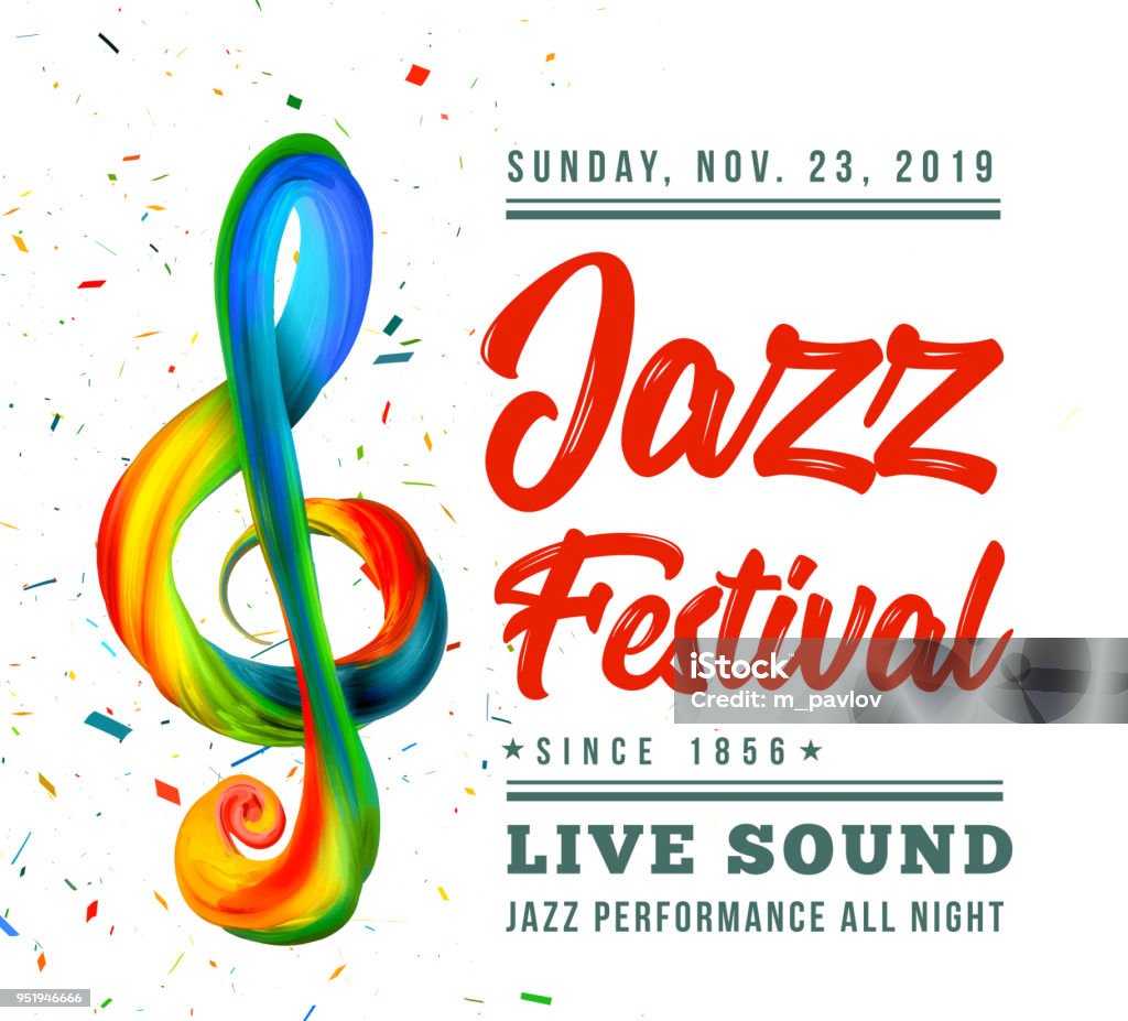 Jazz festival poster template with a treble clef and text on a black background Jazz festival poster template with a treble clef and text on a white background. Vector illustration Musical Note stock vector