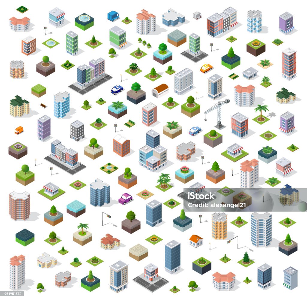 Isometric city set street Isometric city set street road traffic cars. Infrastructure landscapes urban economy. Isometric Projection stock vector