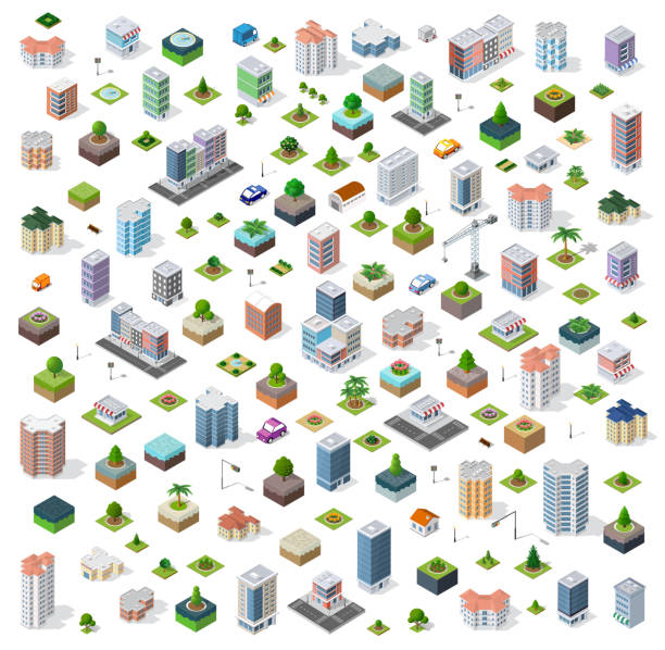 Isometric city set street Isometric city set street road traffic cars. Infrastructure landscapes urban economy. point of view illustrations stock illustrations