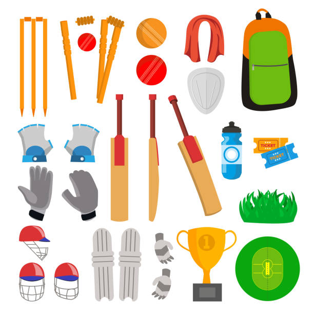 illustrazioni stock, clip art, cartoni animati e icone di tendenza di cricket icons set vector. accessori per cricketer. pipistrello, guanti, casco, palla, coppa, campo da gioco. illustrazione di cartoni animati piatta isolata - pioli