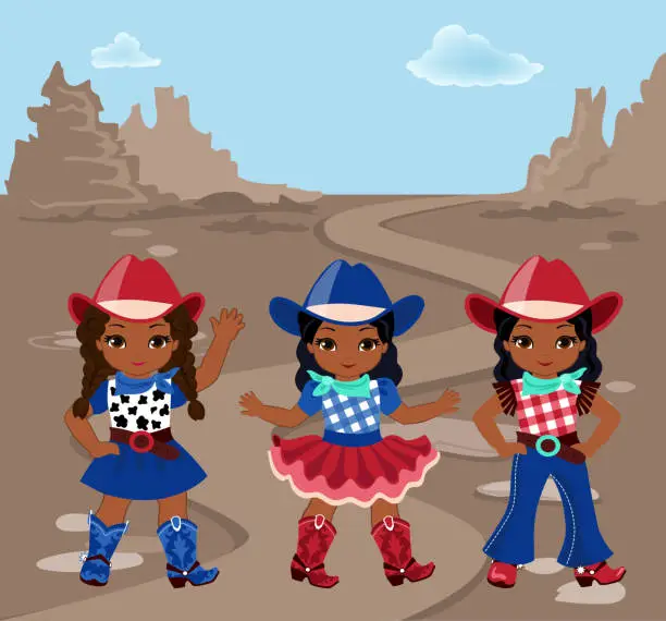 Vector illustration of Three girls cowboy on the background of rocky desert.