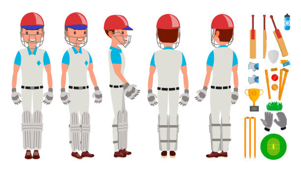 ilustraciones, imágenes clip art, dibujos animados e iconos de stock de vector de jugador de cricket profesional. jugadores equipados. cojines, palos, casco. aislado en ilustración de personaje de dibujos animados blanco - equipped