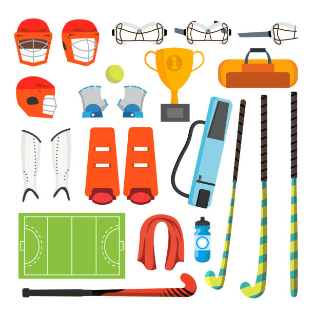 ilustraciones, imágenes clip art, dibujos animados e iconos de stock de hockey del campo icons set vector. accesorios de hockey sobre césped. casco, protección, bola, palo, taza. aislado plano dibujos animados ilustración - hockey cesped