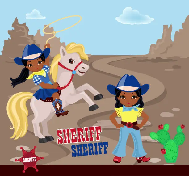 Vector illustration of Two girls cowboys on a stony desert background.