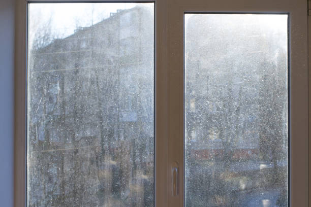ventana con vidrio sucio y polvoriento en luz del día - antihigiénico fotografías e imágenes de stock
