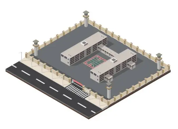 Vector illustration of Low poly isometric prison building illustration