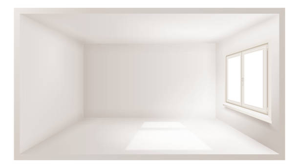 Empty Room Vector. White Wall. Plastic Window. Three Dimensional Interior. Indoor Design. 3d Realistic Apartment. Illustration Empty Room Vector. Clean Wall. Sunlight Falling Down. Three Dimensional Space. 3d Realistic Illustration house borders stock illustrations
