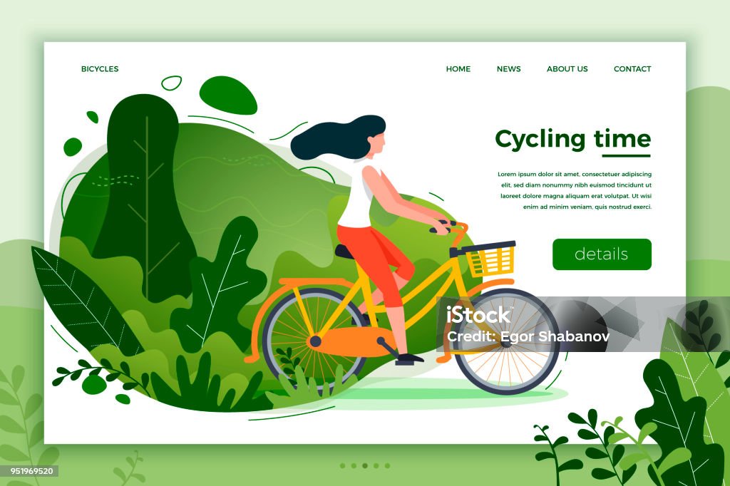 Bicycle riding girl. Park, forest, trees and hills Vector illustration - bicycle riding girl. Park, forest, trees and hills on background. Banner, site, poster template with place for your text. Cycling stock vector
