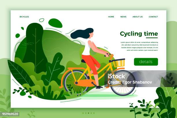 Bicycle Riding Girl Park Forest Trees And Hills Stock Illustration - Download Image Now - Cycling, Nature, Bicycle