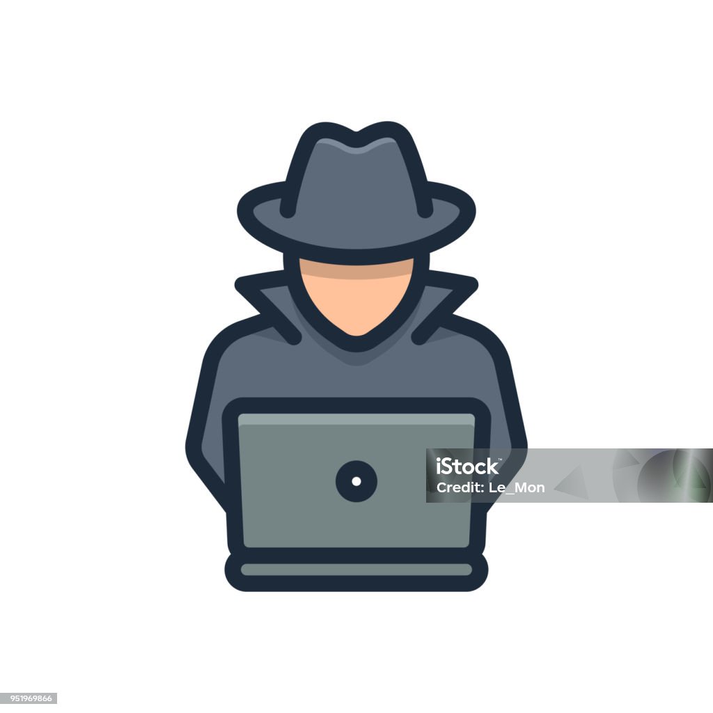 Spy agent searching on laptop. Hacker Icon Symbol stock vector