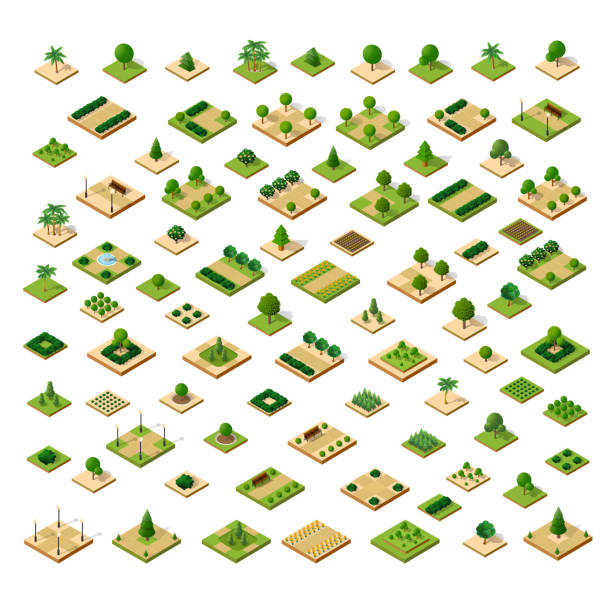 Isometric 3D set park Isometric 3D set desert park with trees of a three-dimensional city isometric projection stock illustrations