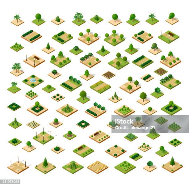 Isometric 3d Set Park Stock Illustration - Download Image Now - Isometric Projection, Tree, Three Dimensional